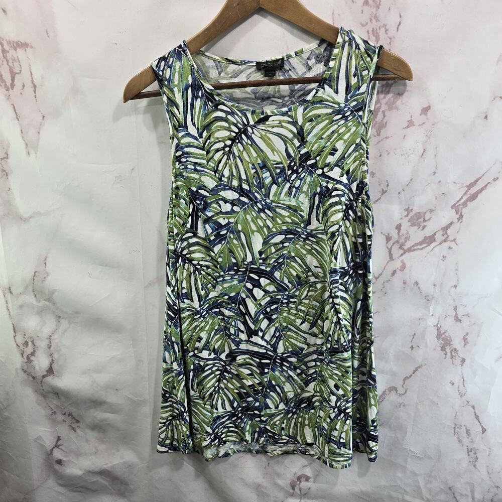 J Jill Shirt Womens XS Tank Top Green White Wearever Botanical Palm Scoop